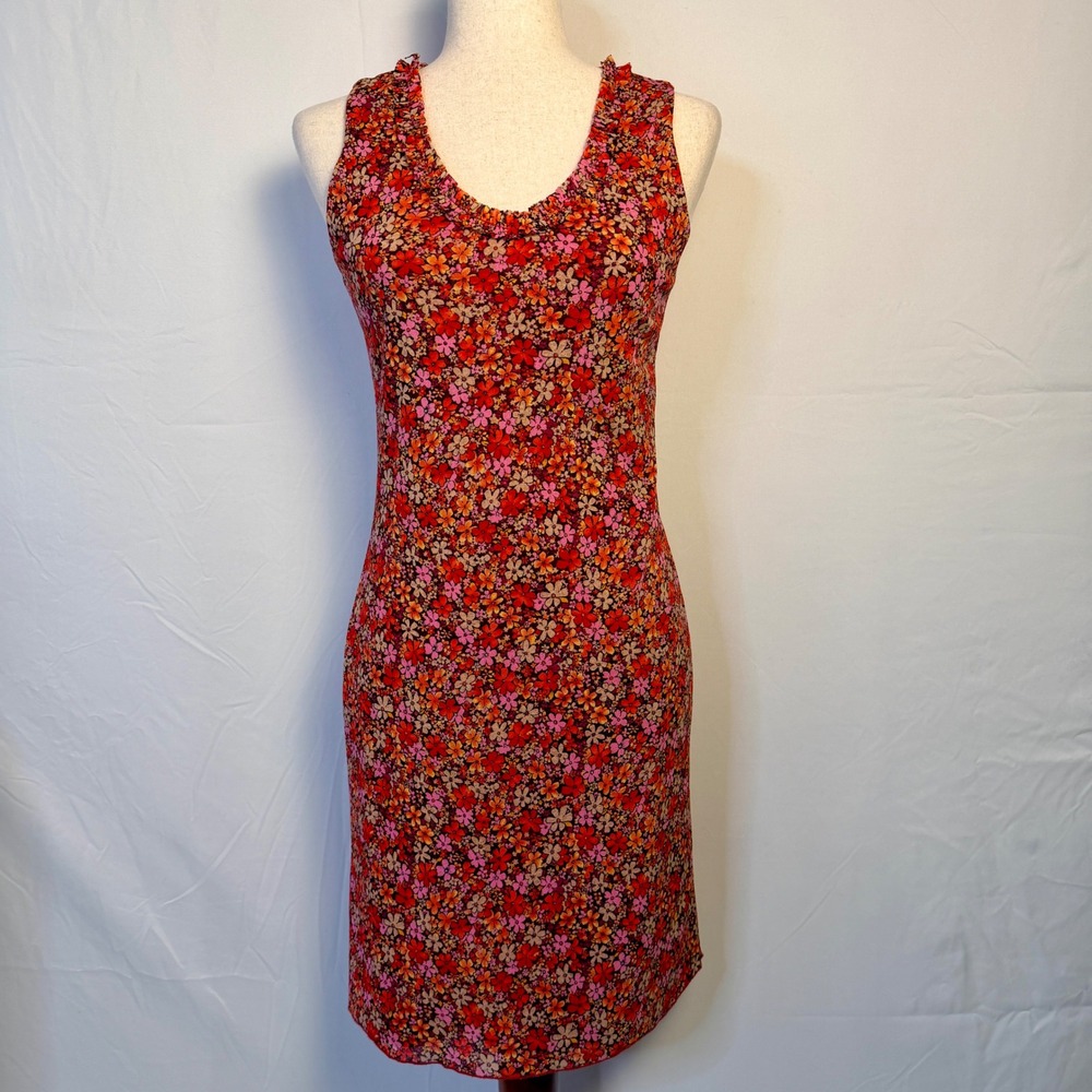 Vtg I.N. San Francisco Floral Mesh V-Neck Sheath Dress Red Pink 90s,Y2K stretch‎